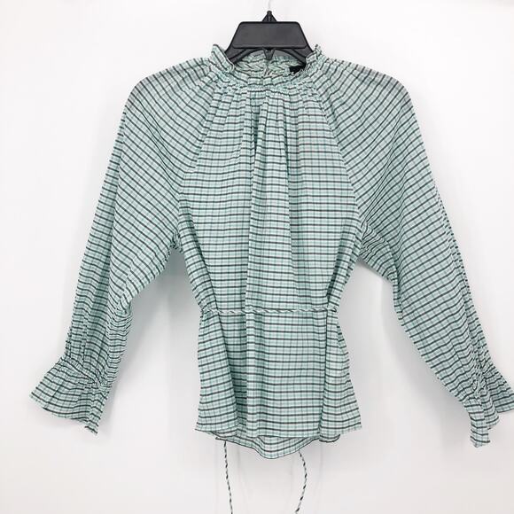 J.Crew Womens Plaid Ruffle Blouse Top XS Blue Long Sleeve Tie Waist BB277 NWT - Picture 4 of 11